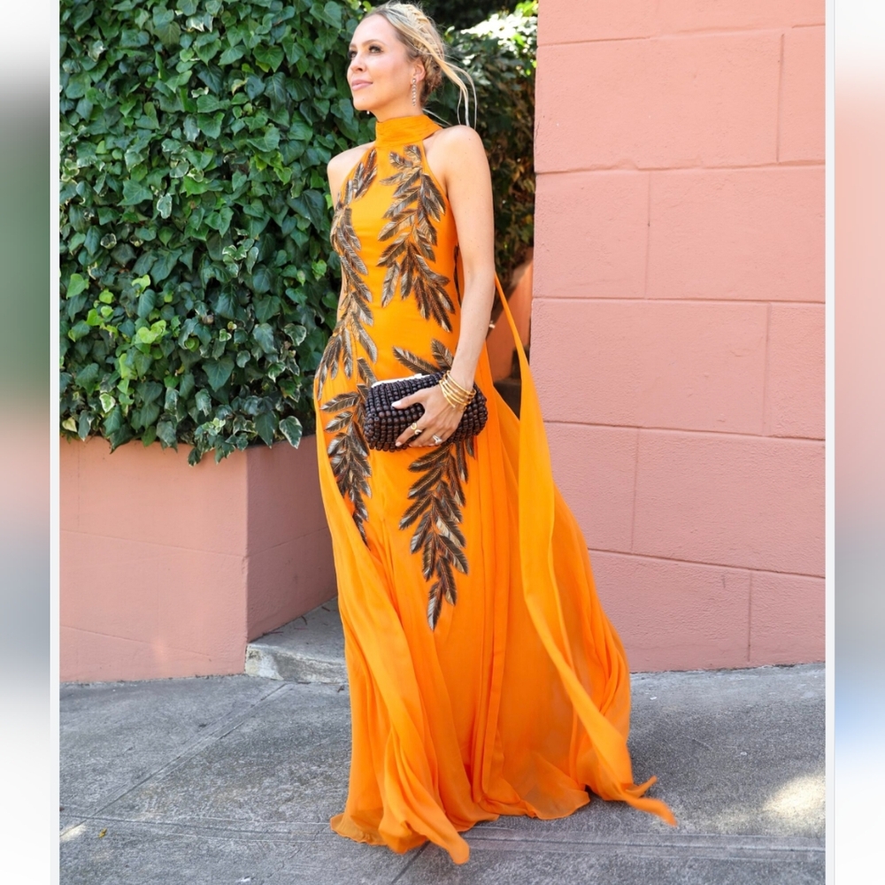 Misa Los Angeles Elegant Orange Halter Dress with Two Embroidered F…